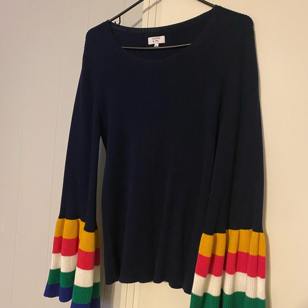 Crown & Ivy Navy Women’s Sweater with multicolored bell sleeves